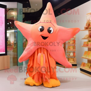 Peach Starfish mascot costume character dressed with a Culottes and Shawls