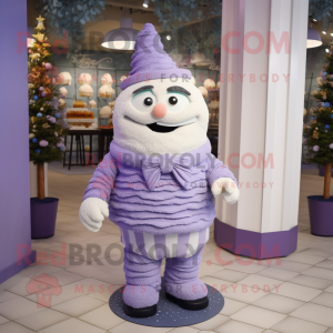 Lavender Wedding Cake mascot costume character dressed with a Sweater and Shoe laces