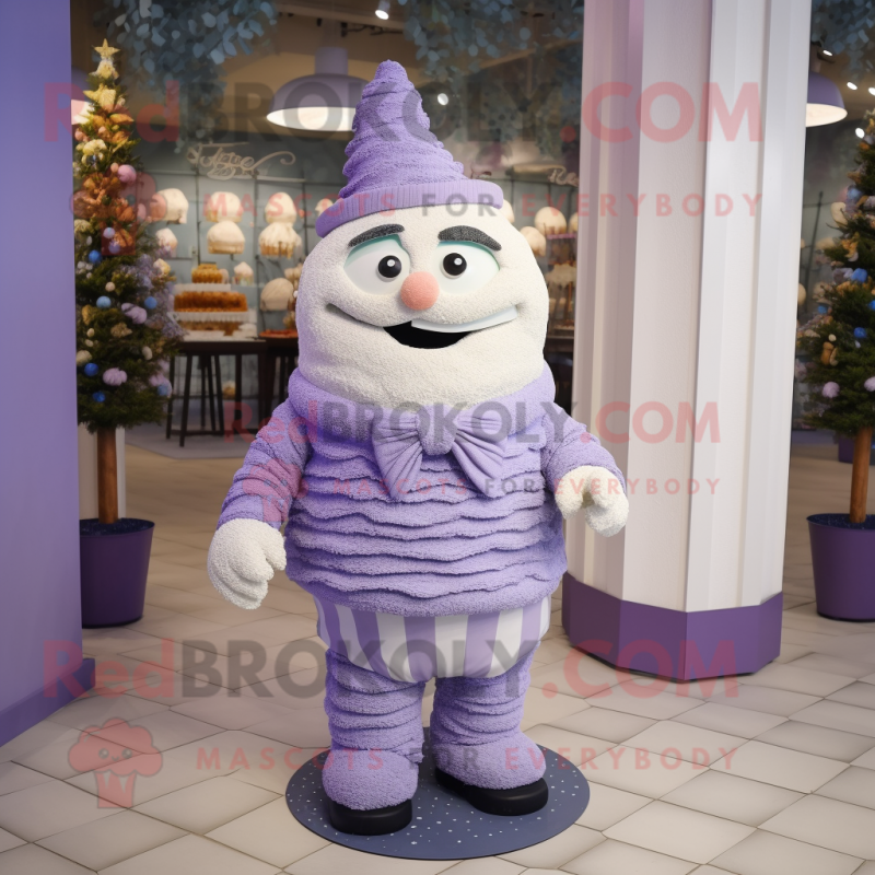 Lavender Wedding Cake mascot costume character dressed with a Sweater and Shoe laces Lavender Wedding Cake mascot costume character dressed with a Sweater and Shoe laces
