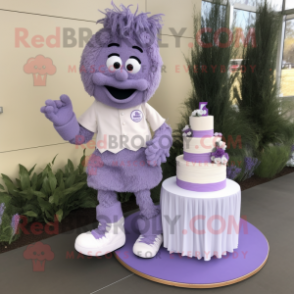 Lavender Wedding Cake mascot costume character dressed with a Sweater and Shoe laces