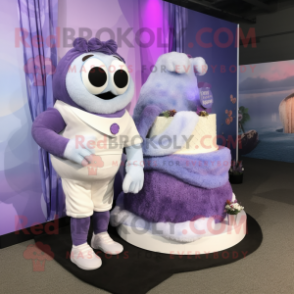 Lavender Wedding Cake mascot costume character dressed with a Sweater and Shoe laces
