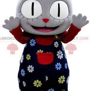 Grå kattmaskot med en blomdräkt - Redbrokoly.com