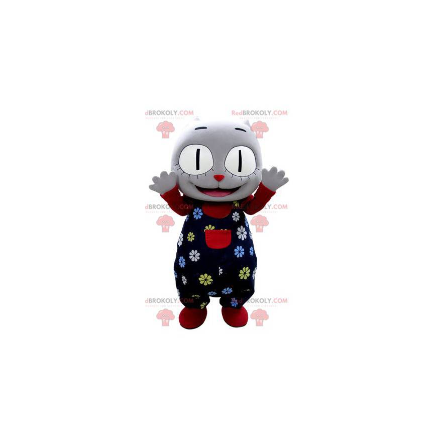 Gray cat mascot with a flower outfit - Redbrokoly.com