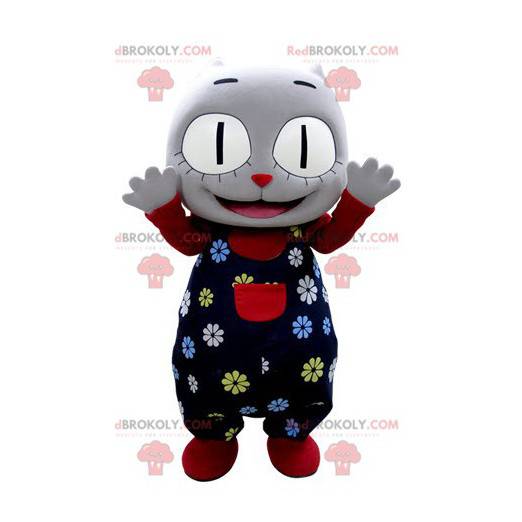 Gray cat mascot with a flower outfit - Redbrokoly.com