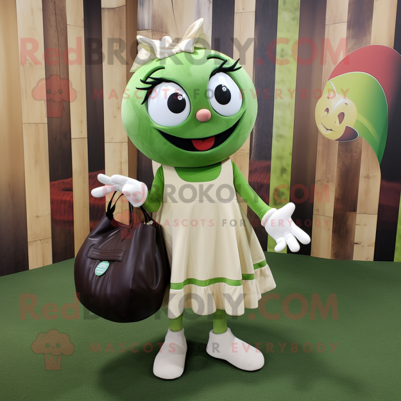 Olive Juggle mascot costume character dressed with a A-Line Skirt and Tote bags