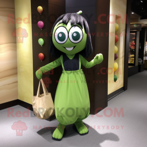 Olive Juggle mascot costume character dressed with a A-Line Skirt and Tote bags