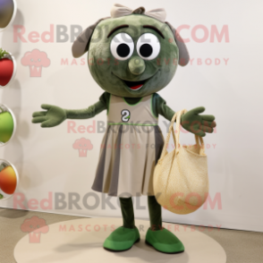 Olive Juggle mascot costume character dressed with a A-Line Skirt and Tote bags