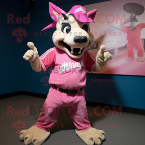 Pink Chupacabra mascot costume character dressed with a Baseball Tee and Bow ties