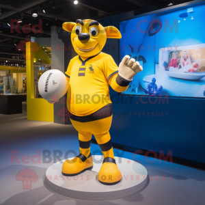 Yellow Rugby Ball mascot costume character dressed with a Rugby Shirt and Anklets