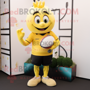 Yellow Rugby Ball mascot costume character dressed with a Rugby Shirt and Anklets