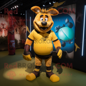 Yellow Rugby Ball mascot costume character dressed with a Rugby Shirt and Anklets