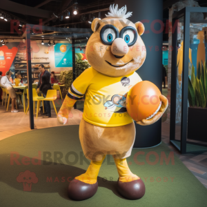 Yellow Rugby Ball mascot costume character dressed with a Rugby Shirt and Anklets