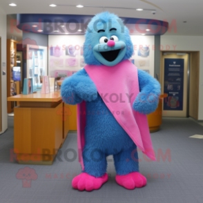 Blue Pink mascot costume character dressed with a Henley Shirt and Shawl pins