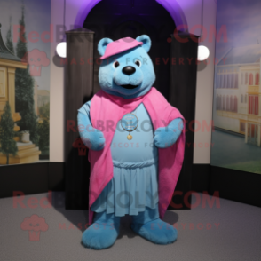 Blue Pink mascot costume character dressed with a Henley Shirt and Shawl pins
