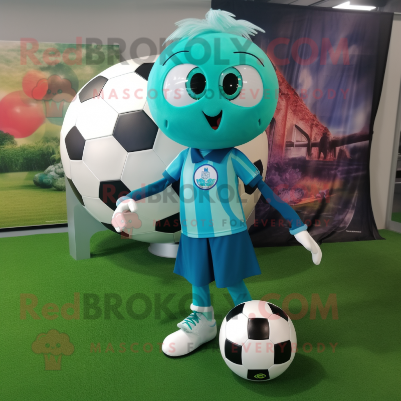 Teal Soccer Goal mascot costume character dressed with a Circle Skirt and Suspenders