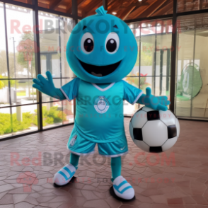 Teal Soccer Goal mascot costume character dressed with a Circle Skirt and Suspenders