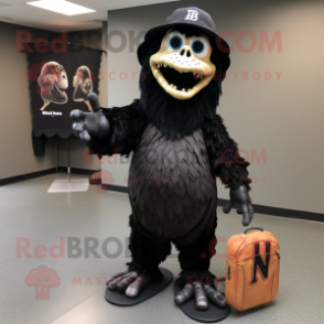 Black Graveyard mascot costume character dressed with a Baseball Tee and Messenger bags