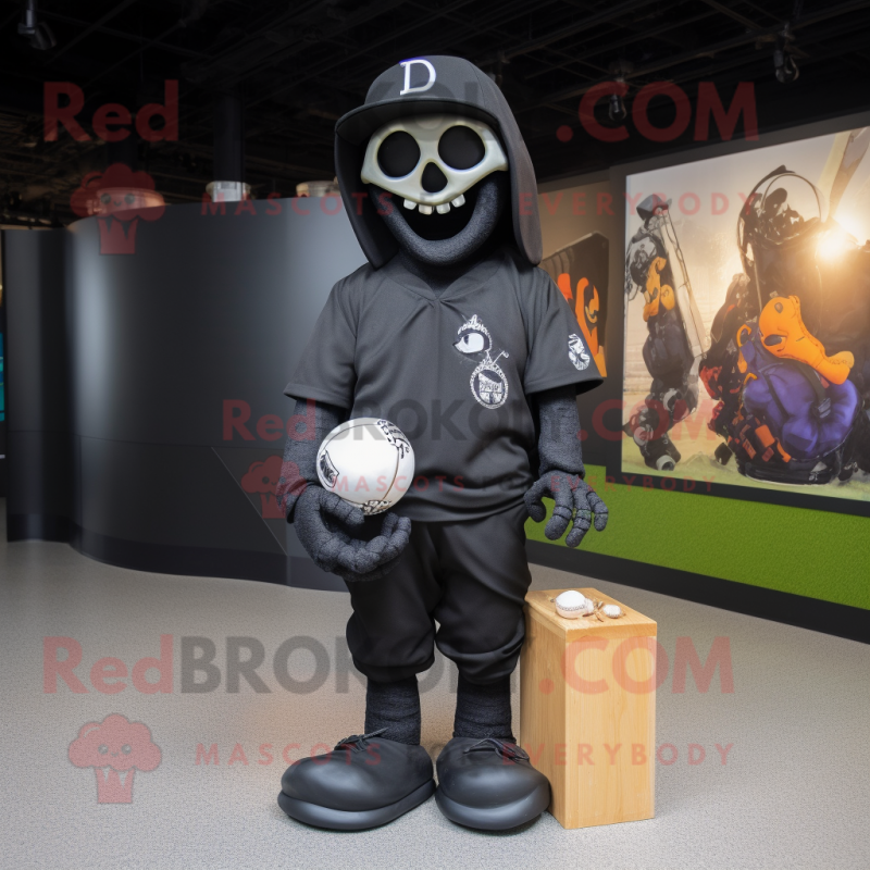 Black Graveyard mascot costume character dressed with a Baseball Tee and Messenger bags