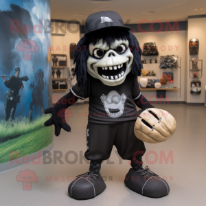 Black Graveyard mascot costume character dressed with a Baseball Tee and Messenger bags
