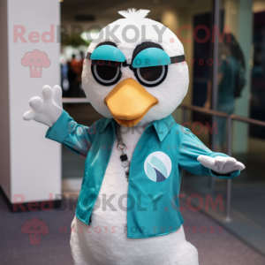Turquoise Seagull mascot costume character dressed with a Poplin Shirt and Headbands