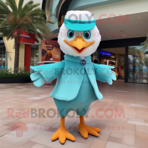 Turquoise Seagull mascot costume character dressed with a Poplin Shirt and Headbands
