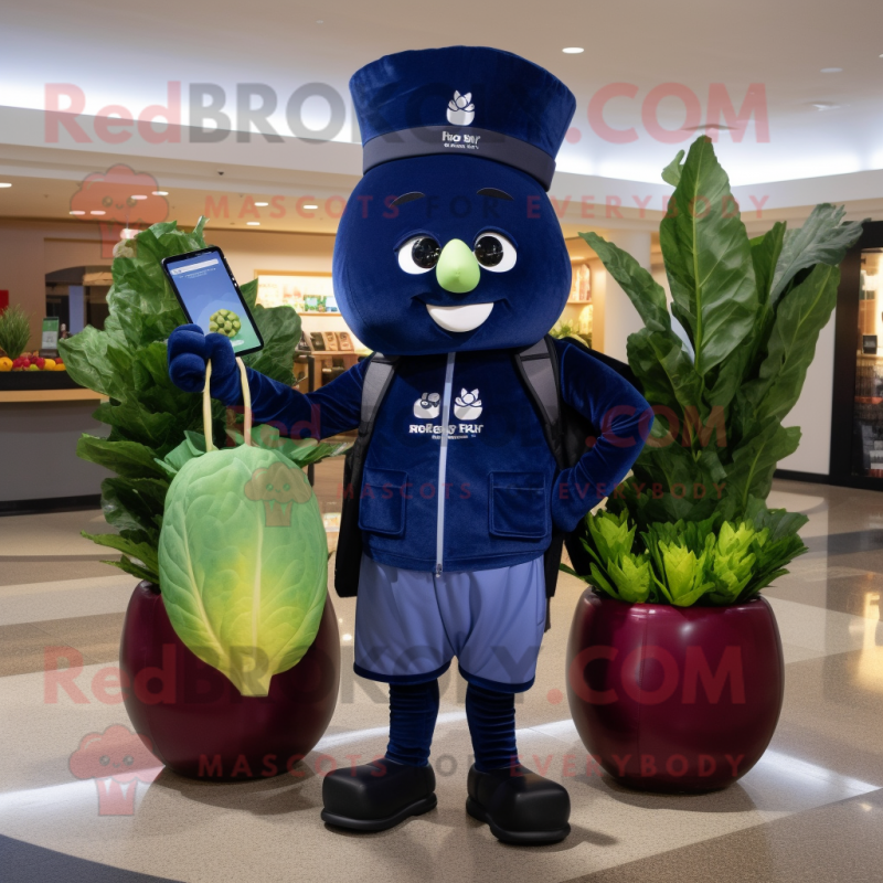 Navy Beet mascot costume character dressed with a Leggings and Wallets