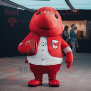 Red Humpback Whale mascot costume character dressed with a V-Neck Tee and Mittens