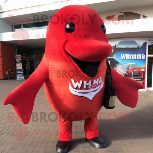 Red Humpback Whale mascot costume character dressed with a V-Neck Tee and Mittens