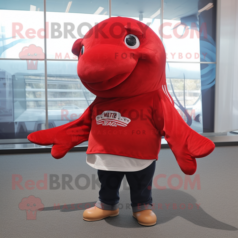 Red Humpback Whale mascot costume character dressed with a V-Neck Tee and Mittens Red Humpback Whale mascot costume character dressed with a V-Neck Tee and Mittens
