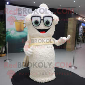 Cream Fried Rice mascot costume character dressed with a Evening Gown and Eyeglasses