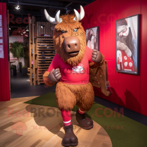 Red Woolly Rhinoceros mascot costume character dressed with a Running Shorts and Handbags