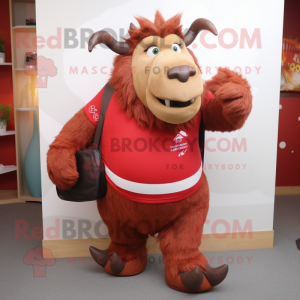 Red Woolly Rhinoceros mascot costume character dressed with a Running Shorts and Handbags