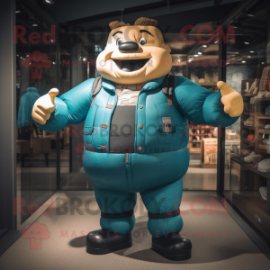 Teal Strongman mascot costume character dressed with a Bomber Jacket and Suspenders