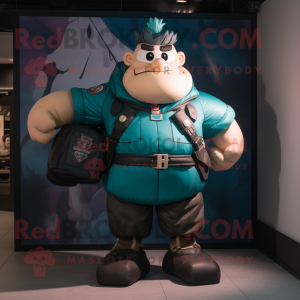 Teal Strongman mascot costume character dressed with a Bomber Jacket and Suspenders