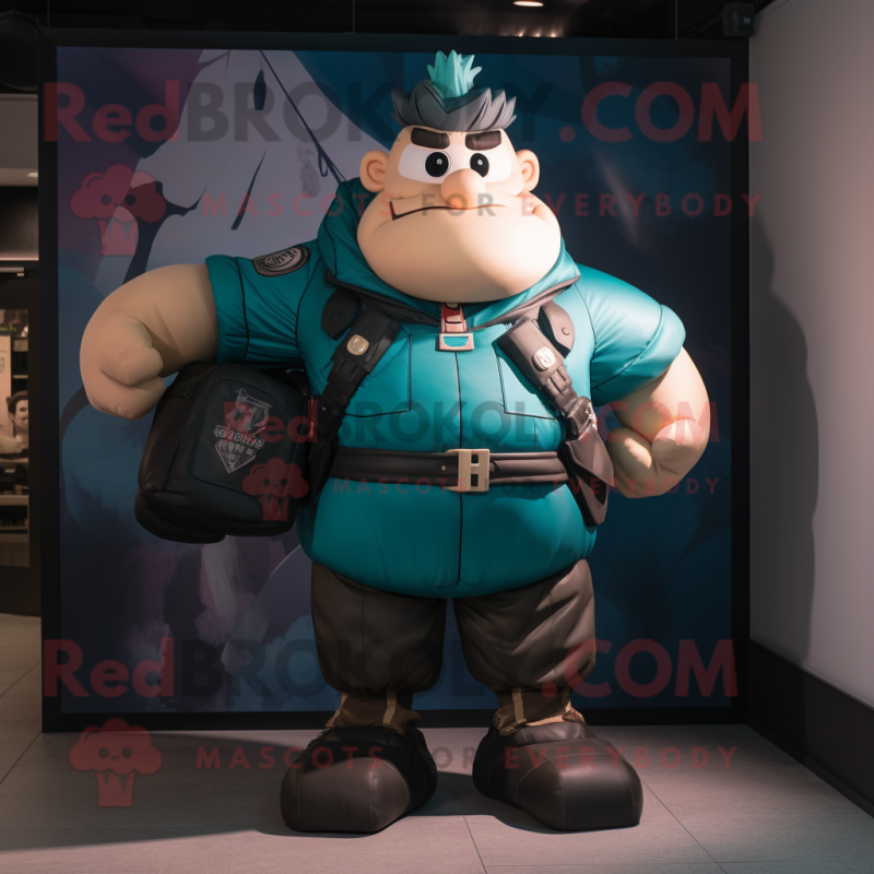 Teal Strongman mascot costume character dressed with a Bomber Jacket and Suspenders