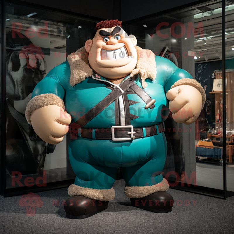 Teal Strongman mascot costume character dressed with a Bomber Jacket and Suspenders