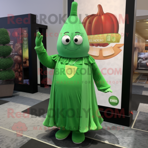 Green Plum mascot costume character dressed with a Empire Waist Dress and Pocket squares