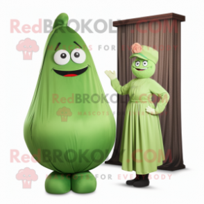 Green Plum mascot costume character dressed with a Empire Waist Dress and Pocket squares