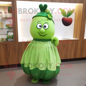 Green Plum mascot costume character dressed with a Empire Waist Dress and Pocket squares