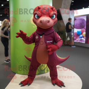 Maroon Lizard mascot costume character dressed with a Playsuit and Bracelets