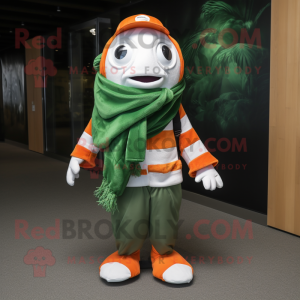 Forest Green Clown Fish mascot costume character dressed with a Oxford Shirt and Scarves