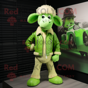 Lime Green Sheep mascot costume character dressed with a Leather Jacket and Ties