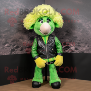 Lime Green Sheep mascot costume character dressed with a Leather Jacket and Ties