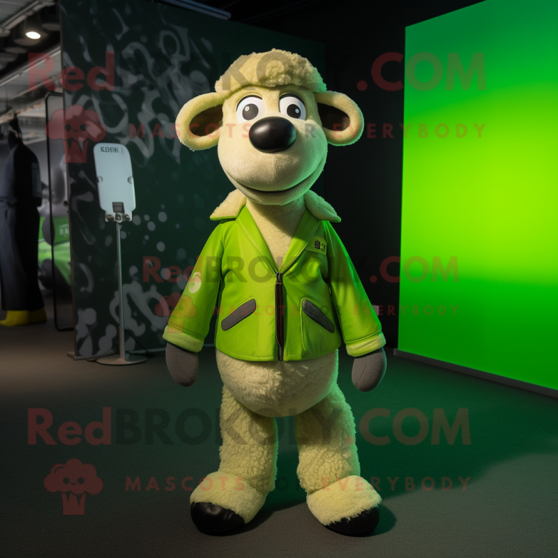 Lime Green Sheep mascot costume character dressed with a Leather Jacket and Ties