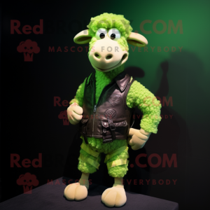 Lime Green Sheep mascot costume character dressed with a Leather Jacket and Ties