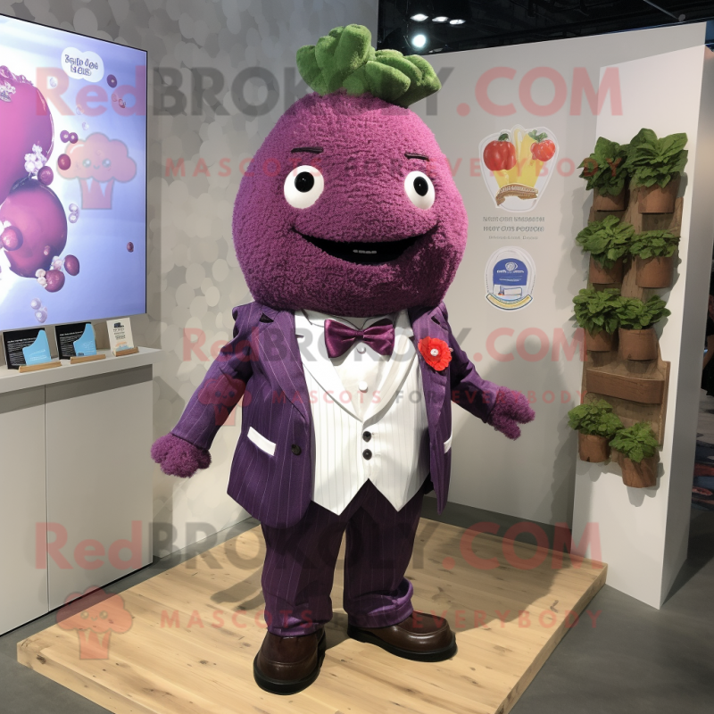 Purple Raspberry mascot costume character dressed with a Poplin Shirt and Lapel pins