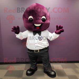 Purple Raspberry mascot costume character dressed with a Poplin Shirt and Lapel pins