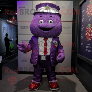Purple Raspberry mascot costume character dressed with a Poplin Shirt and Lapel pins