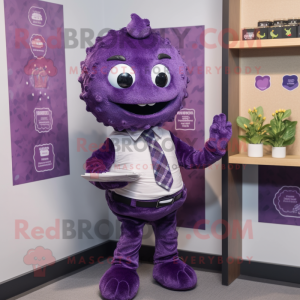 Purple Raspberry mascot costume character dressed with a Poplin Shirt and Lapel pins