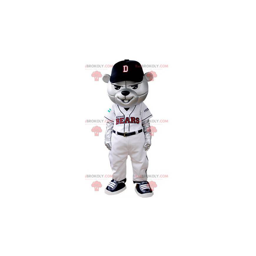 Gray bear mascot dressed in baseball outfit - Redbrokoly.com